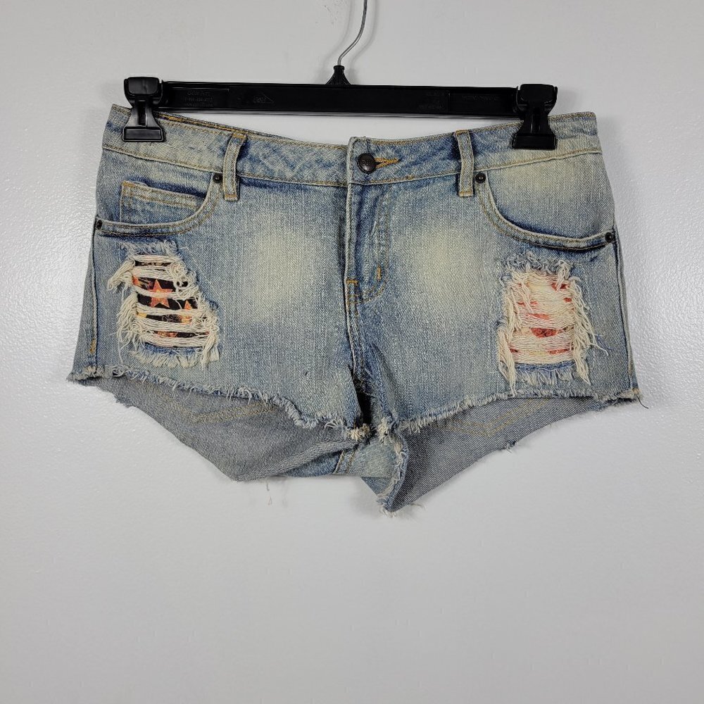 Obey Blue Mid Rise Distressed Raw Hem Denim  Shorts Size 27